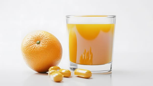 A glass of orange juice with an orange and capsules beside it.