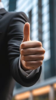 A hand giving a thumbs-up gesture in a business setting.