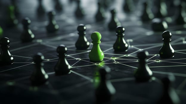 A green pawn stands out among black pawns on a dark board.