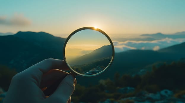 A hand holding a magnifying glass framing a scenic mountain view.