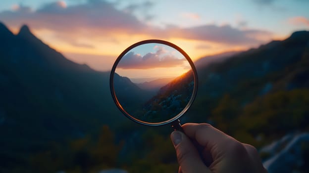 A hand holding a magnifying glass over a scenic sunset view.