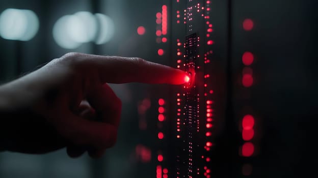 A hand pressing a glowing button on a digital control panel.