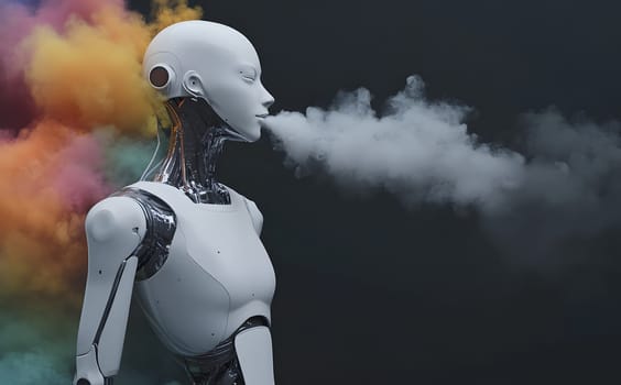 A humanoid robot exhaling vapor amidst colorful smoke.