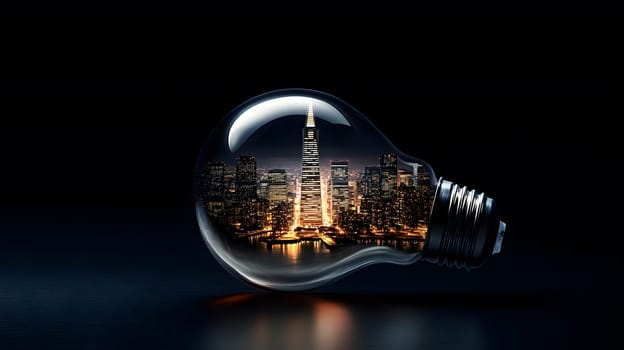 A light bulb encasing a city skyline at night, symbolizing ideas.