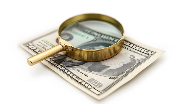 A magnifying glass on a dollar bill, symbolizing financial scrutiny.