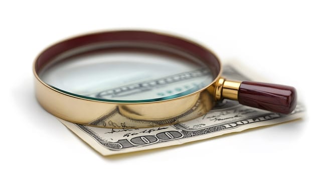 A magnifying glass resting on a hundred-dollar bill.