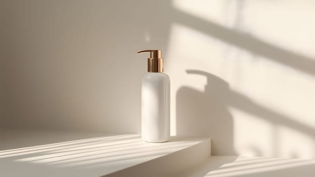 A minimalist white pump bottle casting shadows in soft light.