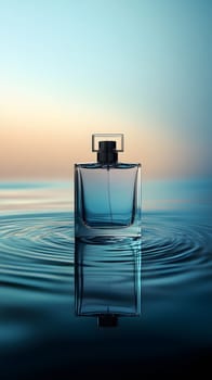 A perfume bottle reflecting in water with a serene backdrop.