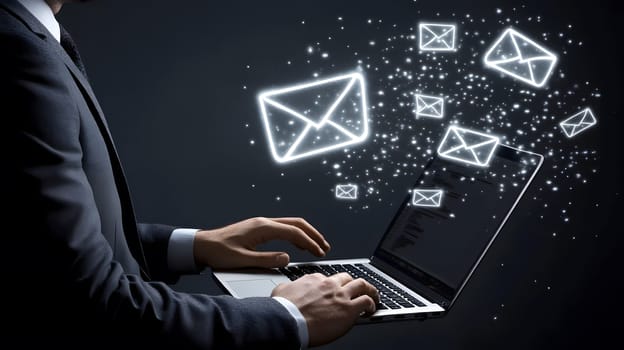 A person typing on a laptop with email icons floating above.