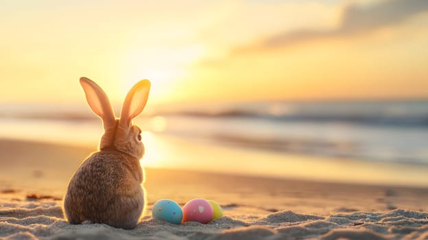 A rabbit watches the sunset on a beach with colorful eggs nearby.