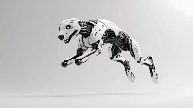 A robotic dog in mid-leap, showcasing advanced technology and design.