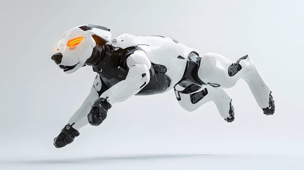 A robotic dog with glowing eyes in a dynamic leap.