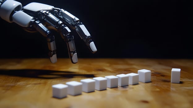 A robotic hand reaching for white cubes on a wooden surface.