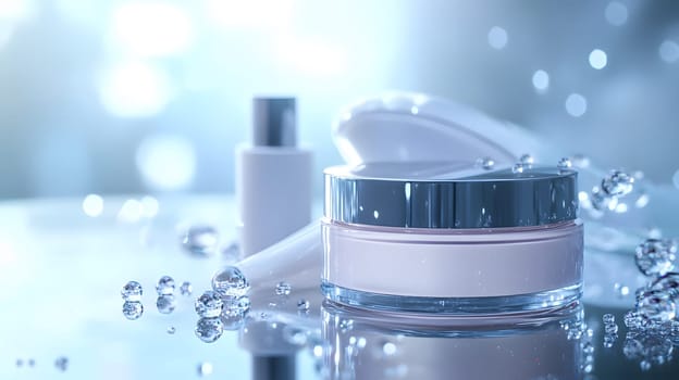 A serene display of skincare products with water droplets.