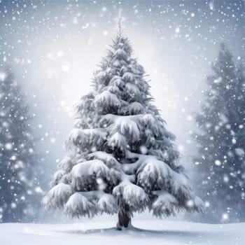 Majestic snow-covered Christmas tree stands tall amidst falling snowflakes. Ethereal white landscape perfect for holiday card, seasonal greeting, festive background. Serene snowy forest atmosphere