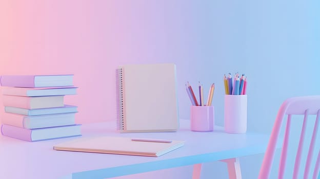 A serene study space with books, stationery, and soft lighting.