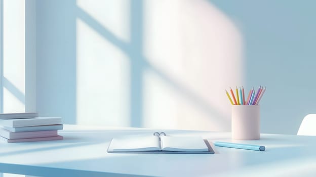 A serene workspace with an open notebook and colorful pencils.