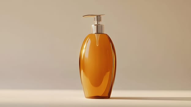 A sleek amber pump bottle, likely for lotion or liquid soap.