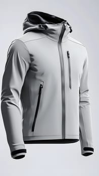 A sleek gray hooded jacket designed for outdoor activities.