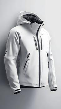 A sleek white jacket with a hood and multiple zippered pockets.