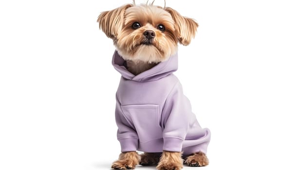 A small dog in a purple hoodie poses for a stylish photo shoot.
