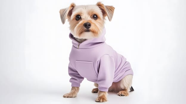 A small dog wearing a lavender hoodie, posing stylishly.