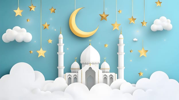 A whimsical illustration of a mosque with clouds, stars, and a crescent moon.