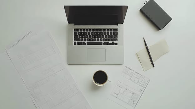 A workspace featuring a laptop, coffee, and architectural plans.