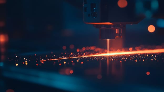 Close-up of a laser cutting process with sparks flying.