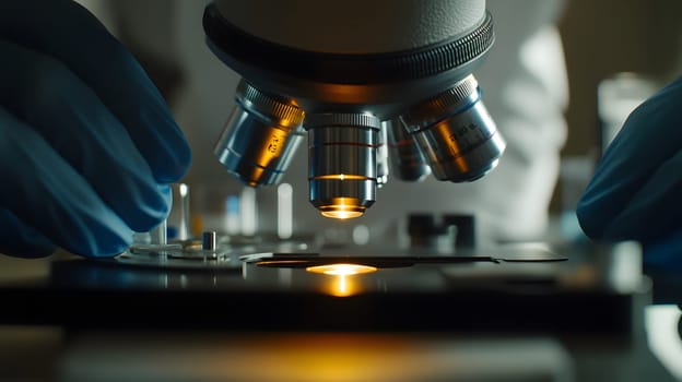 Microscope in a laboratory, examining samples for research purposes.
