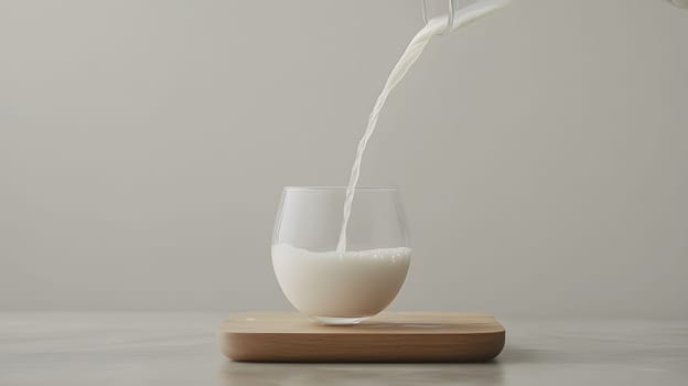 Milk being poured into a glass on a wooden surface.