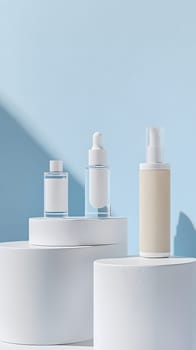 Minimalistic display of skincare products on circular pedestals.