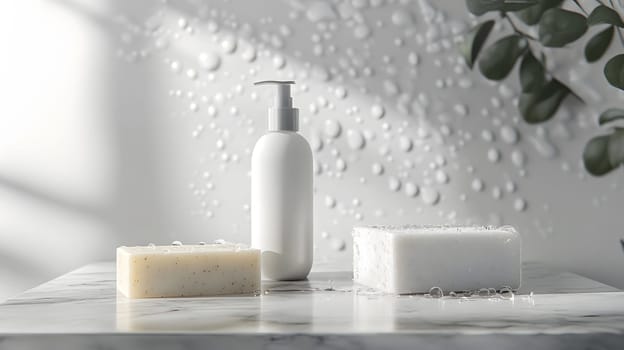 Minimalistic bathroom setup with soap and lotion on marble.