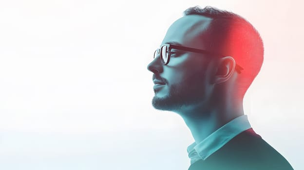 Profile of a man in glasses with a gradient background.