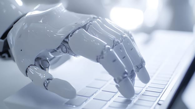Robotic hand interacting with a keyboard, symbolizing technology use.