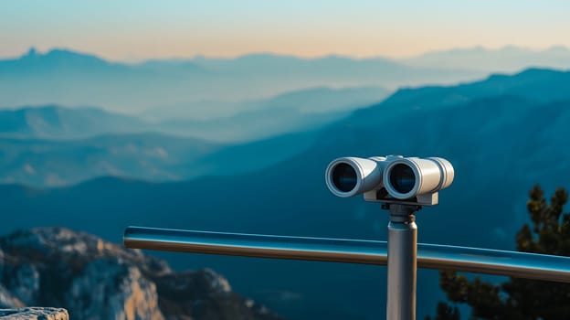 Scenic viewpoint with binoculars overlooking a mountainous landscape.