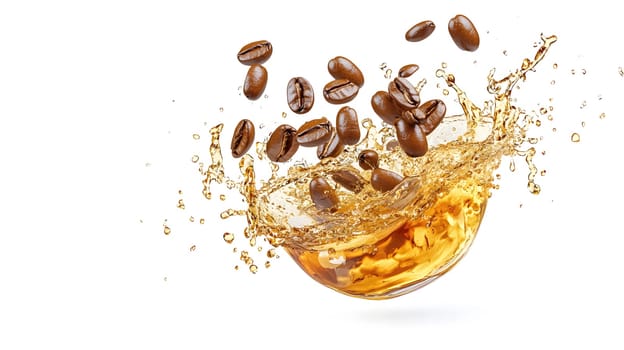 Splash of coffee with beans creating an energetic visual effect.