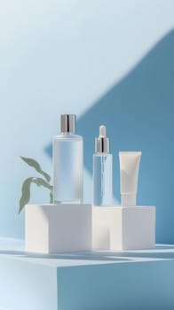 Three skincare products displayed on geometric pedestals.