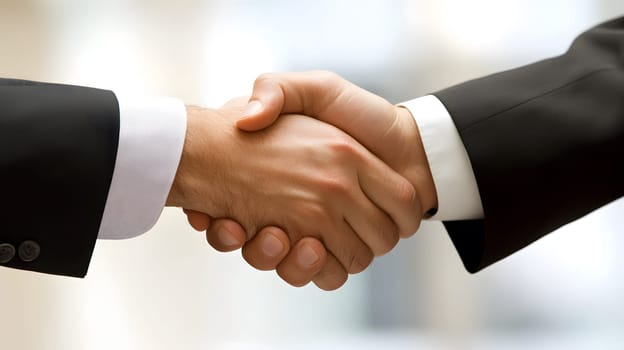 Two hands shaking in a business setting, symbolizing agreement.