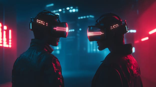Two individuals wearing VR headsets in a neon-lit urban environment.
