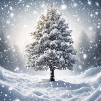 Magical winter scene with snow-covered evergreen tree standing alone in deep snow. Soft glowing light illuminates snowy landscape, for Christmas cards, holiday backgrounds, winter wonderland themes