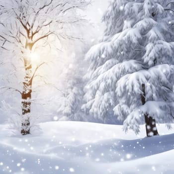 Enchanting winter landscape with snow-covered trees. Bare tree illuminated by soft sunlight, creating magical glow, for holiday card, winter theme, festive background, serene nature scene