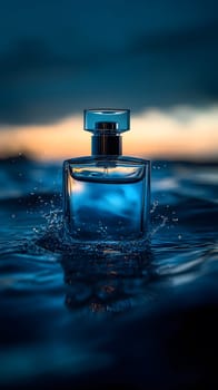 A blue perfume bottle surrounded by water, evoking elegance and freshness.