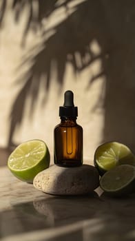 A brown glass dropper bottle surrounded by lime halves on a stone.