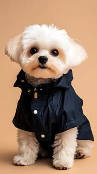 A cute dog wearing a navy raincoat against a beige background.