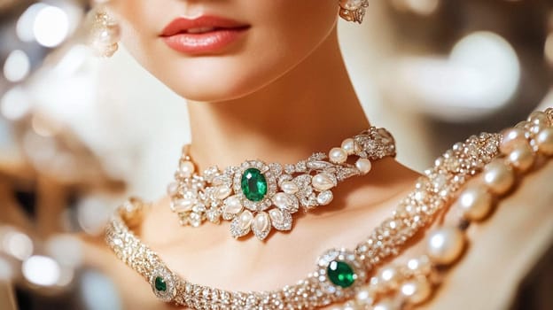 Woman adorned with an emerald necklace and matching earrings poses gracefully, exuding luxury and timeless elegance idea