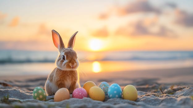 A cute rabbit with colorful eggs at sunset on the beach.