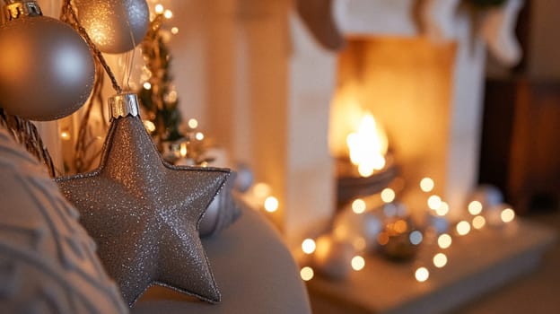 Christmas, holiday decor and country cottage style, cosy atmosphere, decorated Christmas tree in the English countryside house living room with fireplace, interior decoration idea