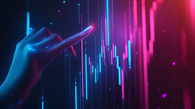 A futuristic hand interacting with digital data visualizations.