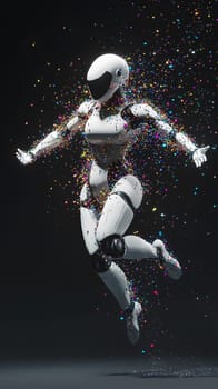 A futuristic robot figure surrounded by colorful particles in motion.